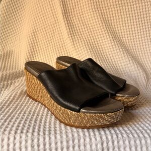 Latigo Black Slide Wedge Sandals with Natural Woven Platform